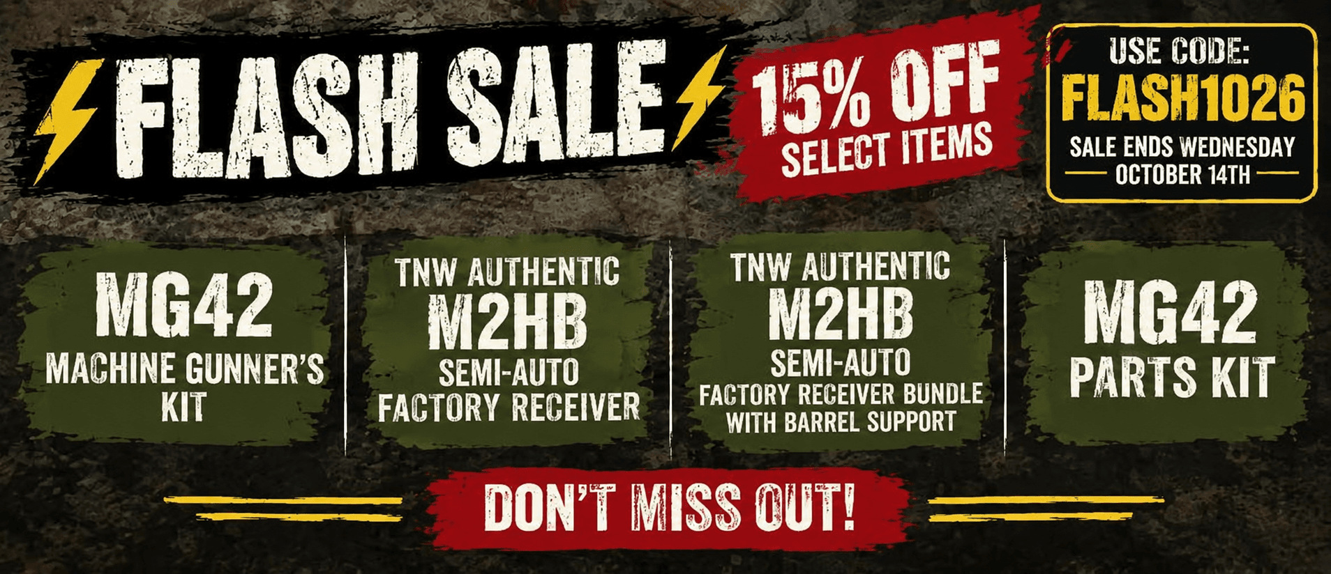 Flash sale 15% off MG42 Parts kits and M2HB factory built receivers
